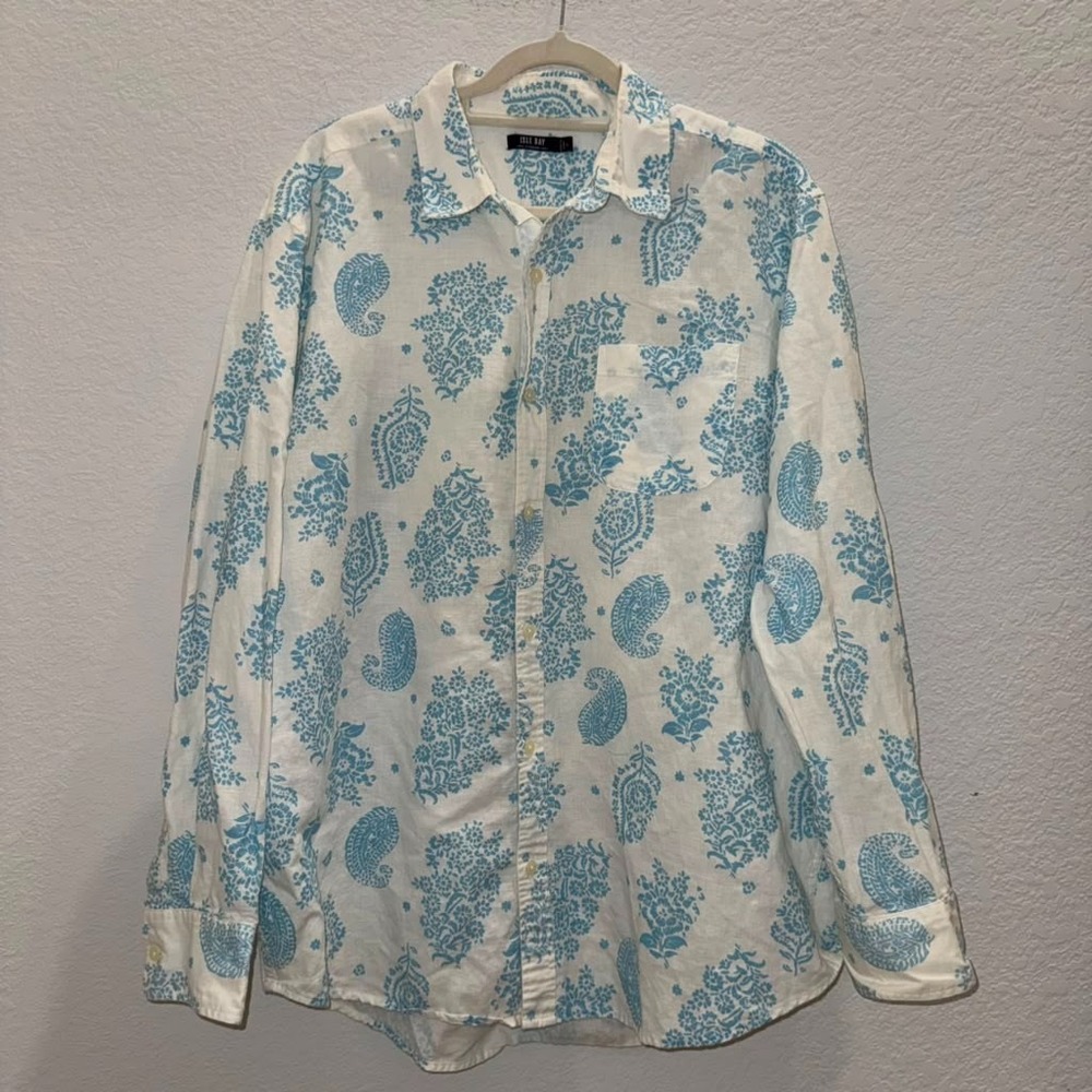 Isle Bay Men's L Button Up Linen Shirt Blue Paisley Floral Hawaiian Coastal Boho